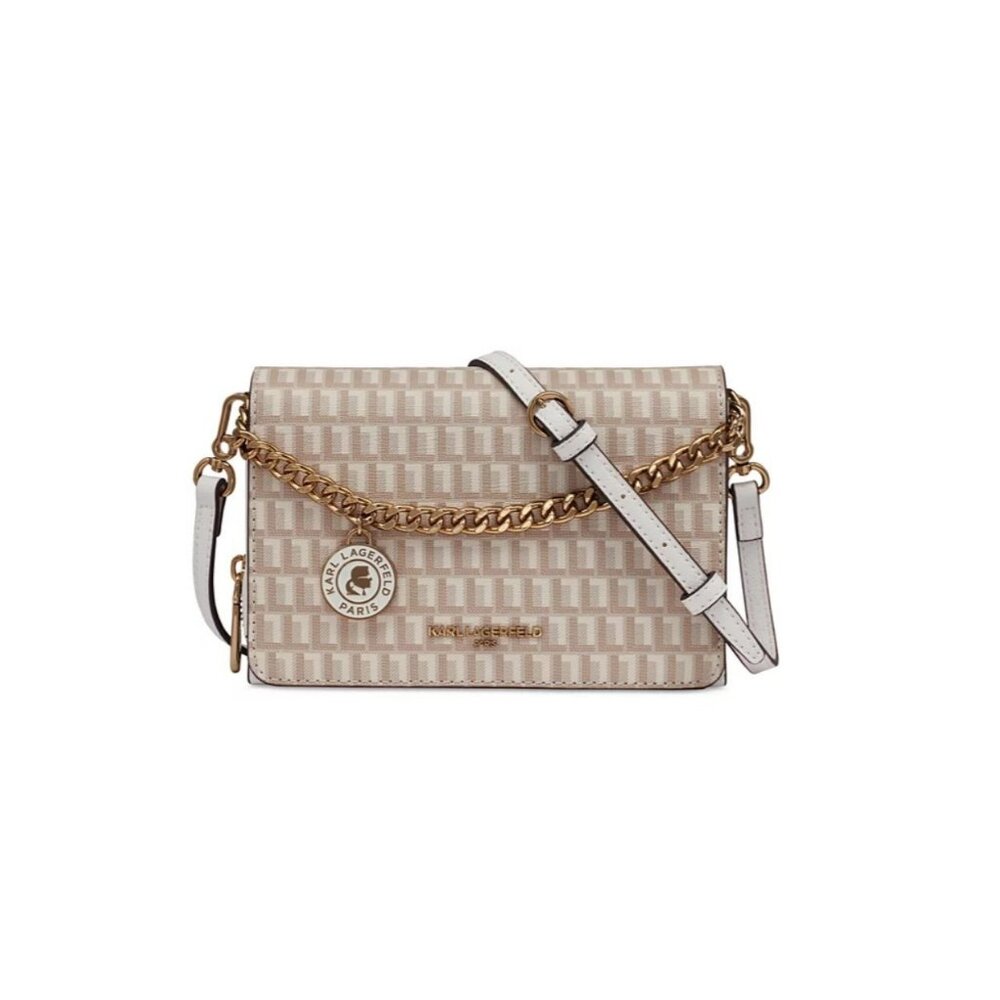 KARL LAGERFELD Paris Lourdes leather chain strap crossbody bag wallet -BEIGE